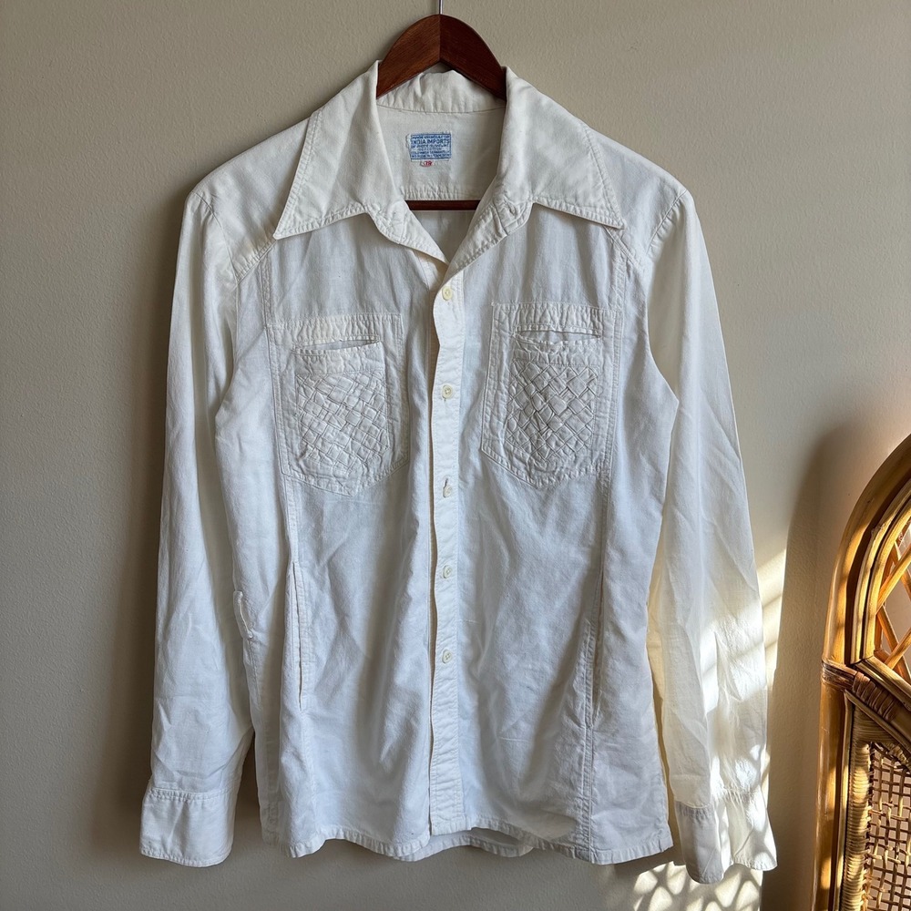 Vintage 50s 60s India Imports Rhode Island Woven Pocket Buckle Back Button Up